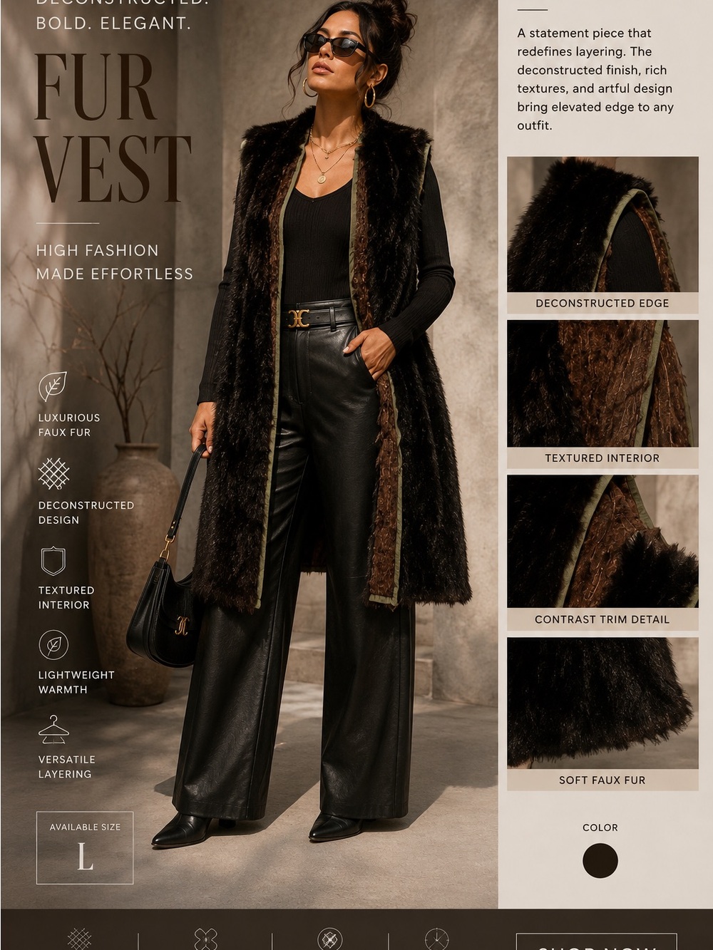 Faux Fur Deconstructed Long Vest - Black/Brown